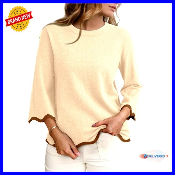 Wool Blend Sweater Crewneck 3/4 Sleeve Ruffle Trim Casual Knit Pullover Top